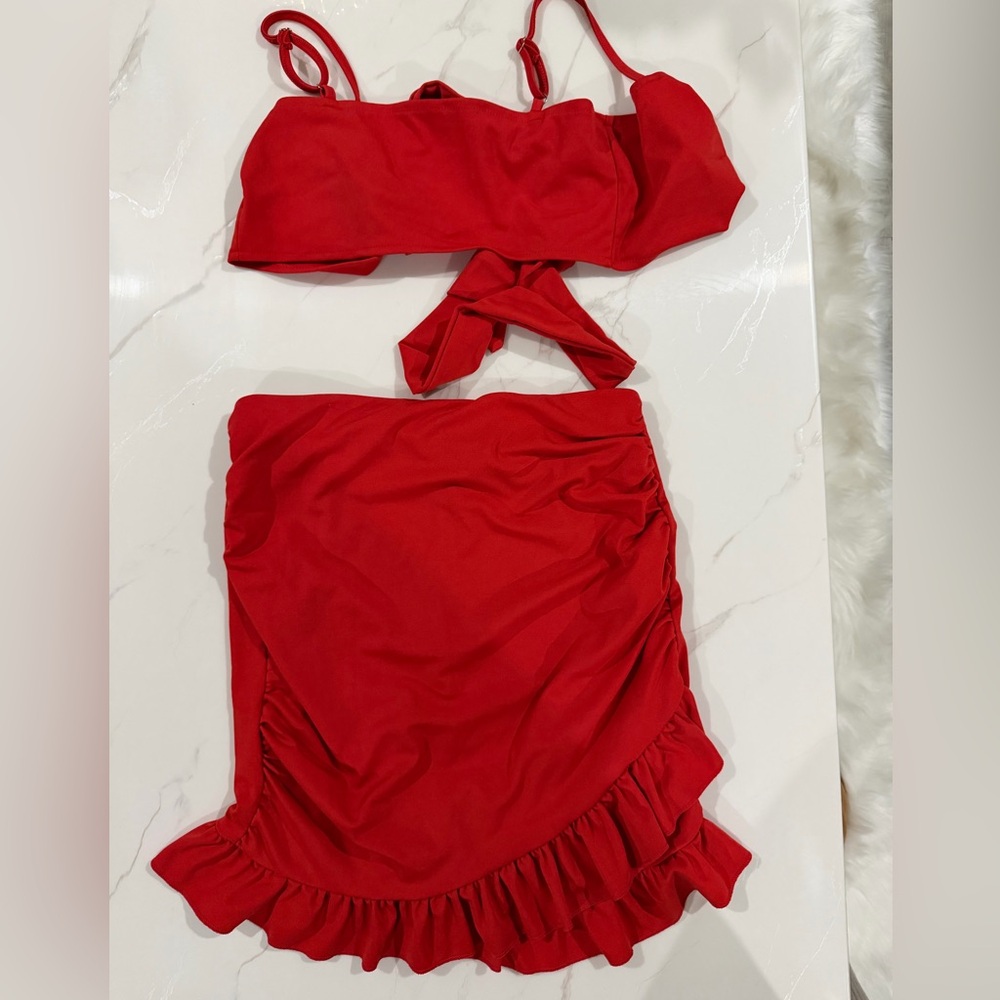 2 piece set Red Ruffle Wrap Skirt and crop - Women